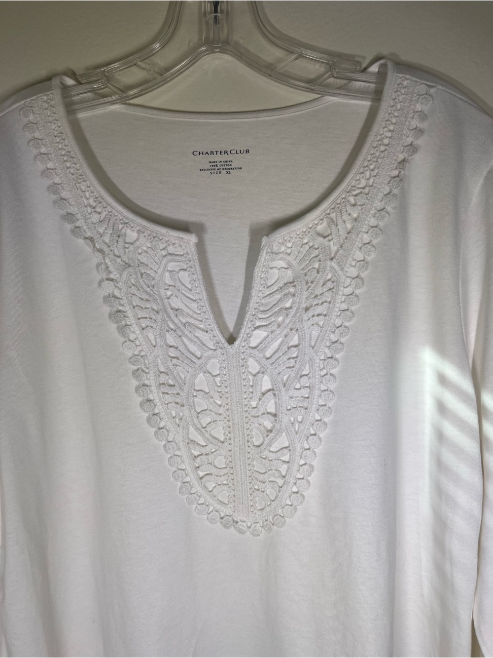 Charter Club Cotton White Lace Crochet-Trim Scoop V-Notch Tunic - Picture 2 of 8